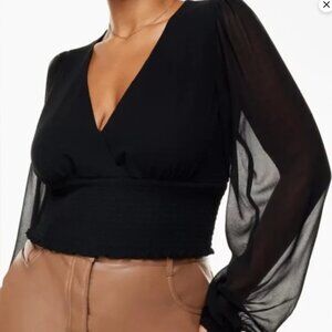 ARITZIA - Wilfred Wistful Smocked Sheer Long-Sleeve V-Neck Cropped Blouse XS